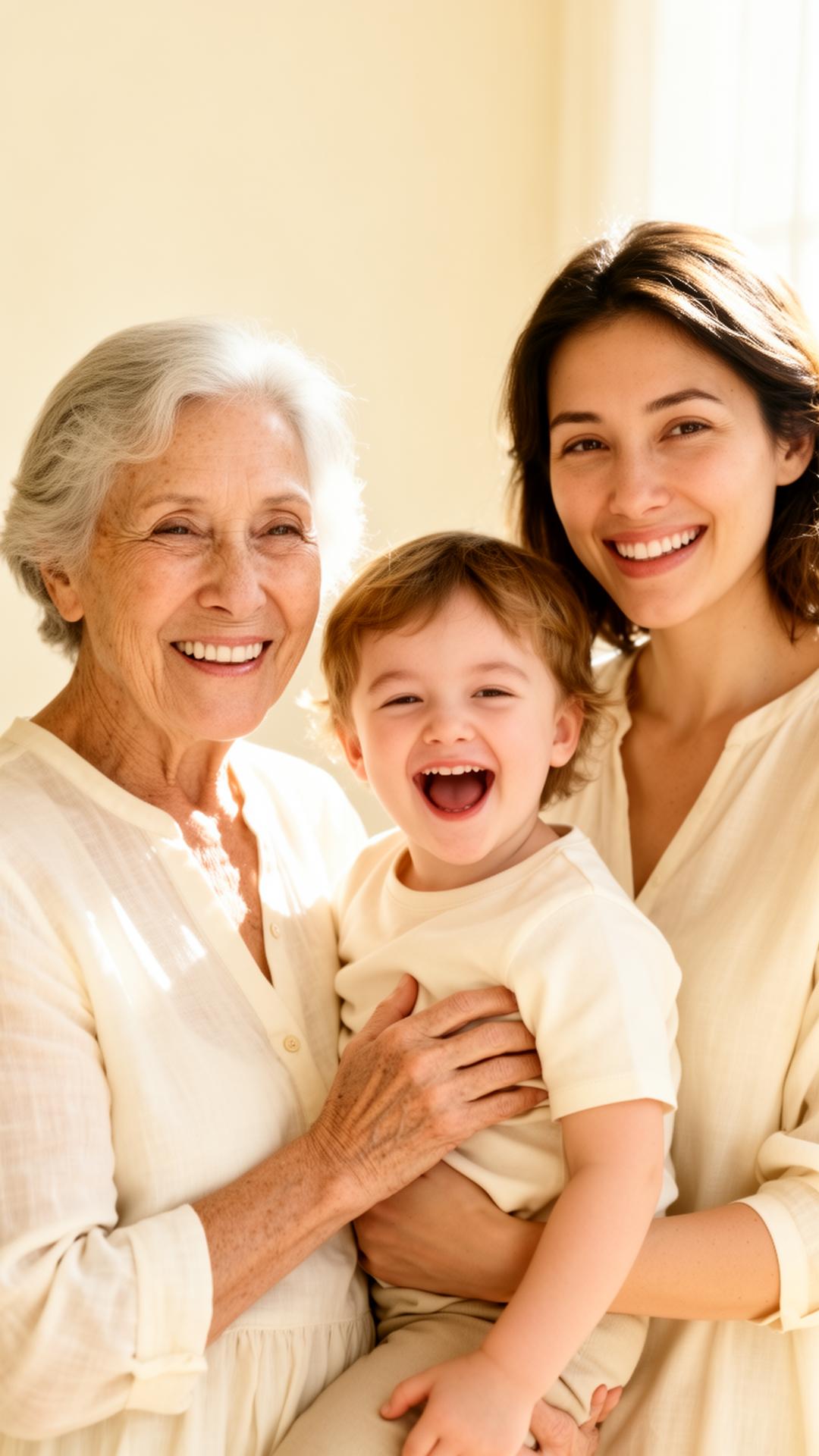 A grandmother, mother, and grandchild sharing a joyful moment in soft natural sunlight